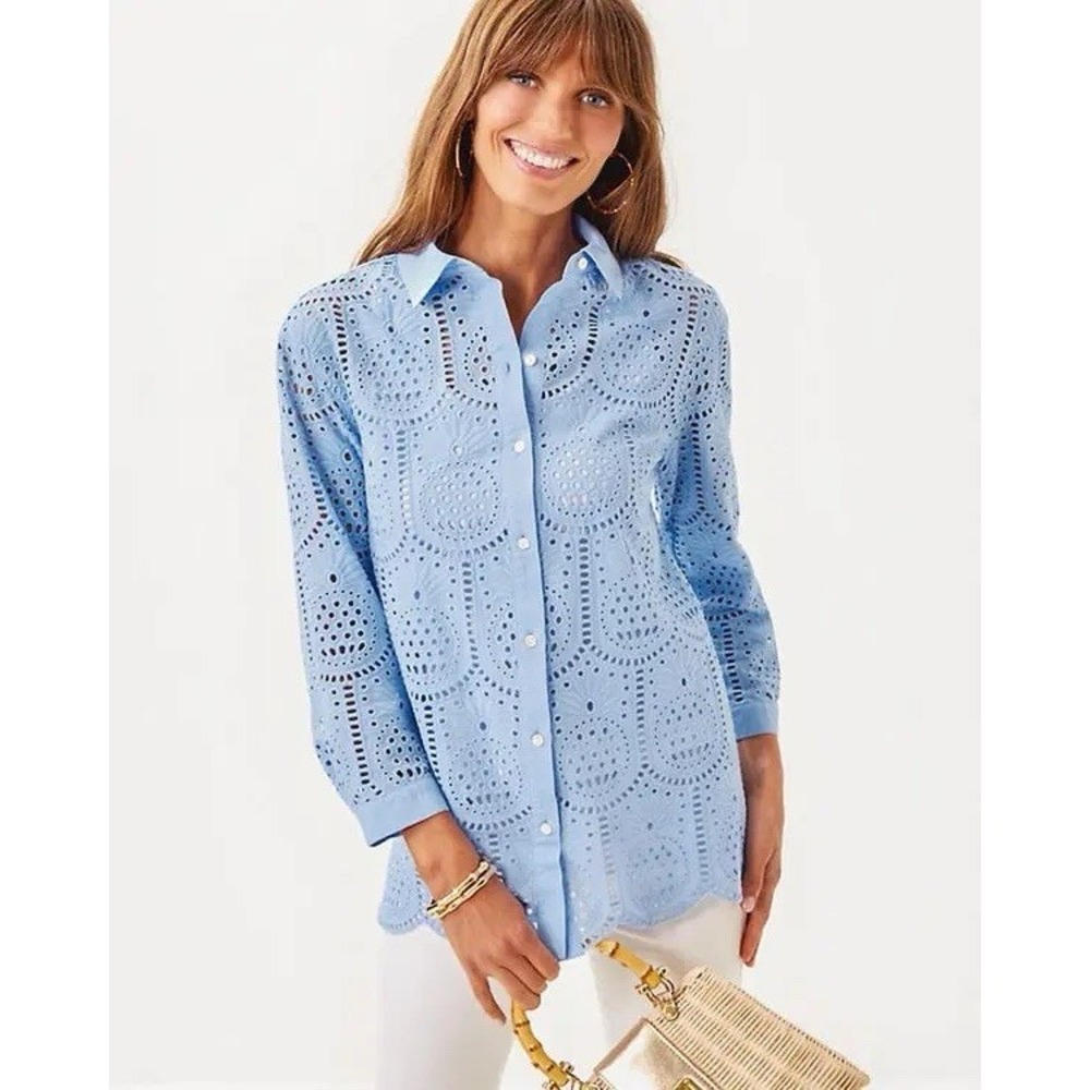 Lilly Pulitzer Gracee Pineapple Tile Eyelet Tunic Size XL Light Blue Cotton NWOT